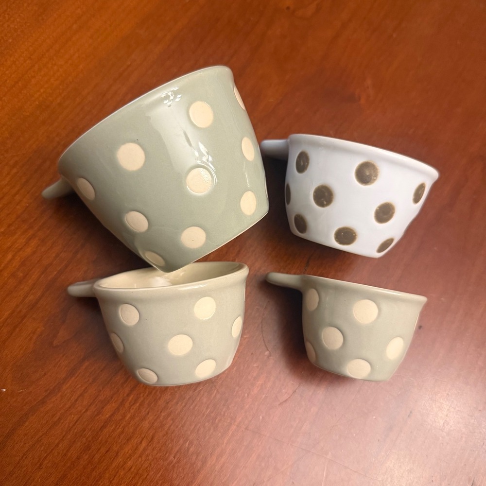 Ceramic polka dot measuring cups sage nest cottage farmhouse whimsy shabby chic